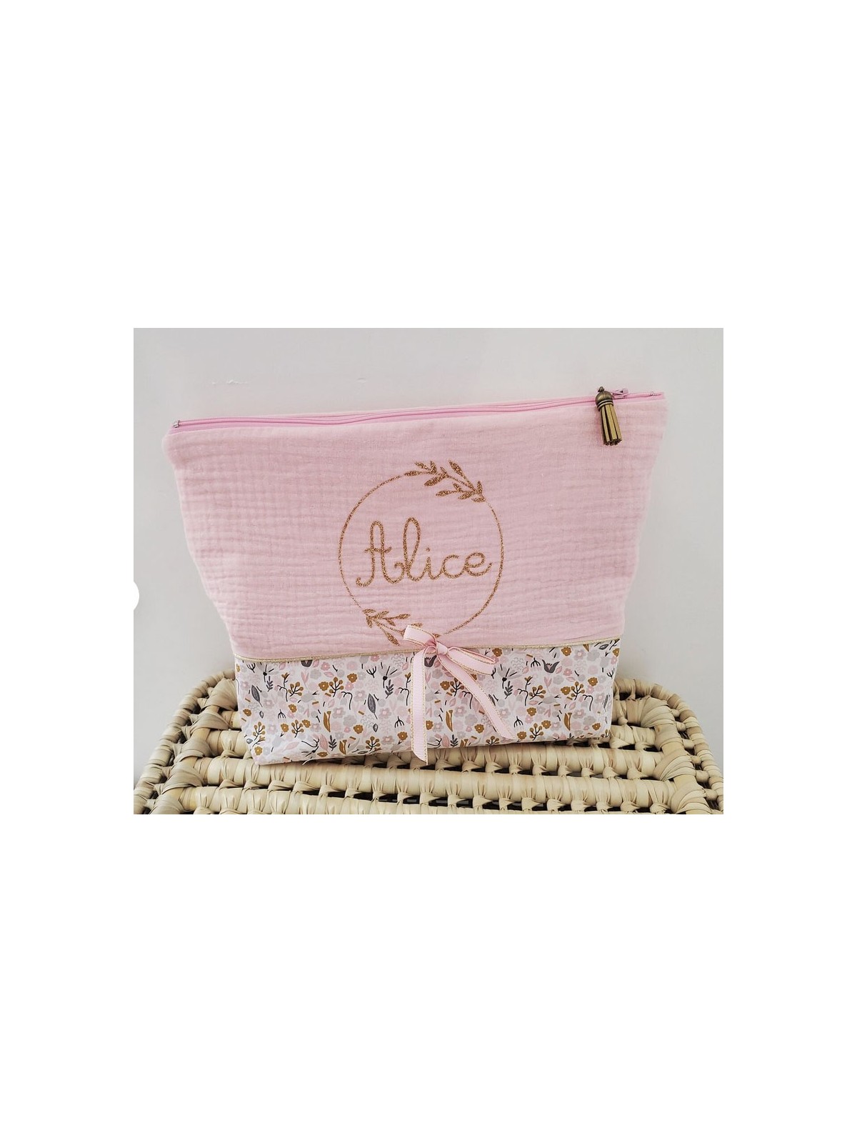 Trousse de toilette personnalisée, joli coton floral et double gaze