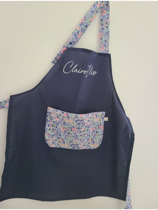 Tablier enfant personnalisé en coton marine et liberty Wiltshire fluo (choix de tailles)