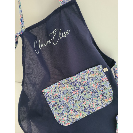 Tablier enfant personnalisé en coton marine et liberty Wiltshire fluo (choix de tailles)