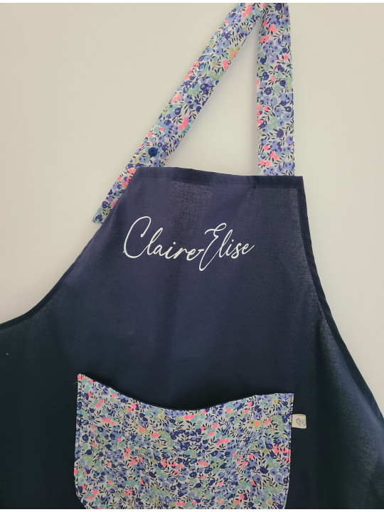 Tablier enfant personnalisé en coton marine et liberty Wiltshire fluo (choix de tailles)