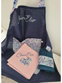Tablier enfant personnalisé en coton marine et liberty Wiltshire fluo (choix de tailles)