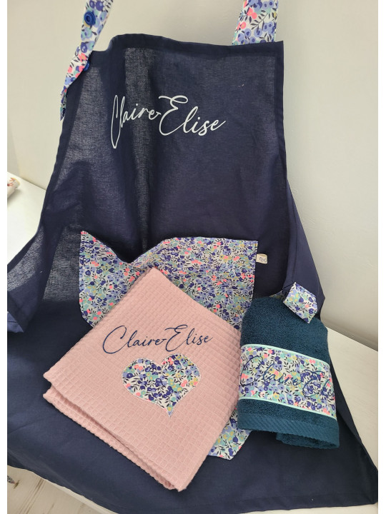 Tablier enfant personnalisé en coton marine et liberty Wiltshire fluo (choix de tailles)