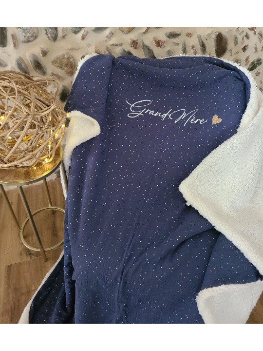 Couverture cocoonning  xxl double gaze marine confettis or moumoute 150x160 à personnaliser