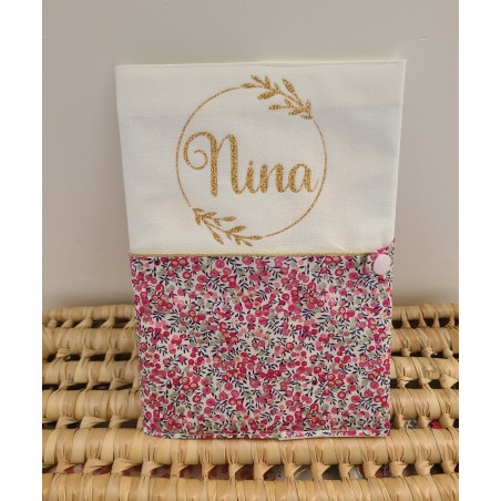 Protège carnet de santé liberty Wiltshire et couronne florale personnalisable avec prénom