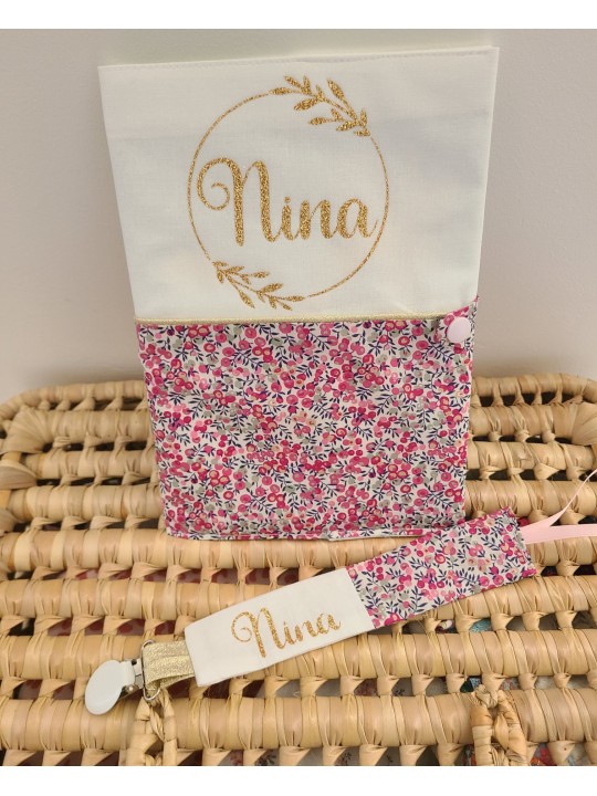 Protège carnet de santé liberty Wiltshire et couronne florale personnalisable avec prénom