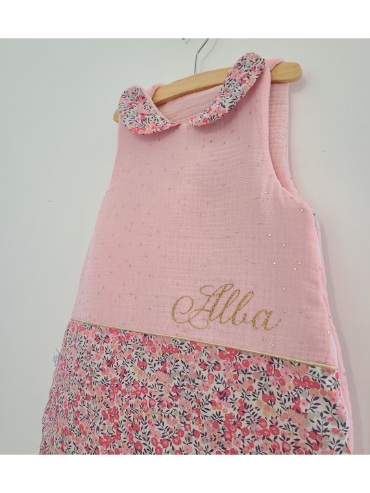 Couverture doublée minkee en liberty Wiltshire pois de senteur, blanc, rose et or