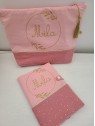 Protège carnet de santé double gaze rose et couronne florale personnalisable avec prénom