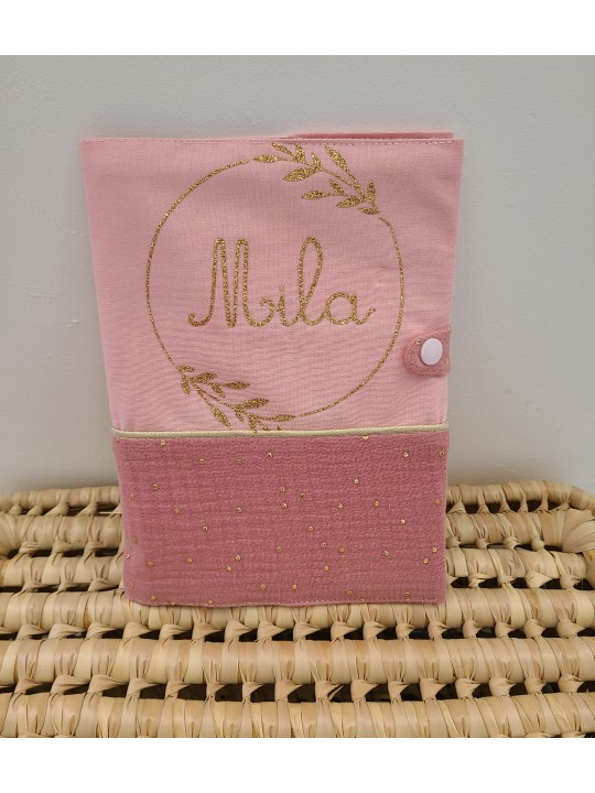 Protège carnet de santé double gaze rose et couronne florale personnalisable avec prénom