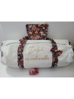 Sac bowling (sac week-end) en liberty Thorpe/ velours écru, personnalisé