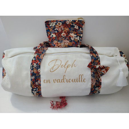 Sac bowling (sac week-end) en liberty Thorpe/ velours écru, personnalisé