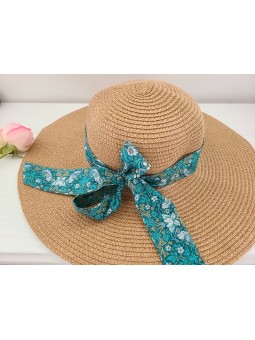 Chapeau de paille dame et noeud liberty vert émeraude