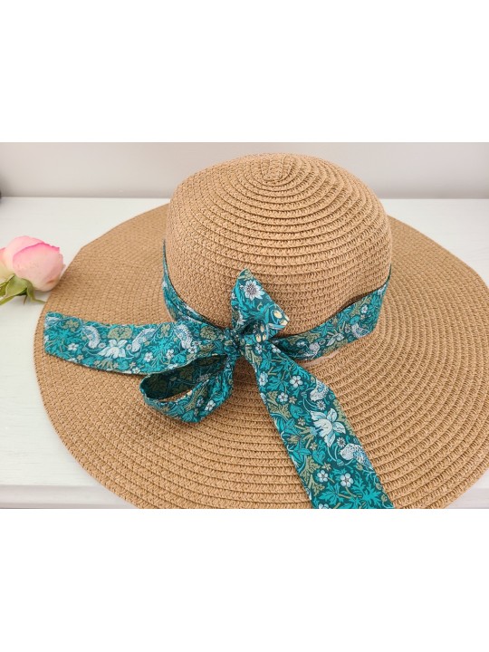 Chapeau de paille dame et noeud liberty vert émeraude