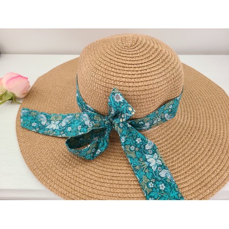 Chapeau de paille dame et noeud liberty vert émeraude
