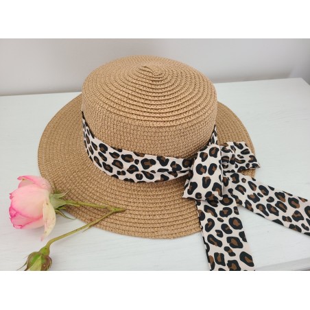 Chapeau de paille dame et noeud léopard
