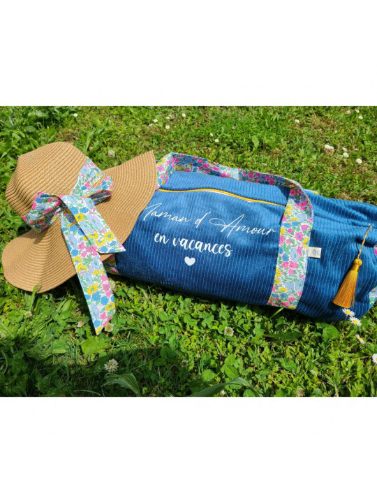 Sac bowling (sac week-end) en liberty poppy and daisy fluo et velours, personnalisé