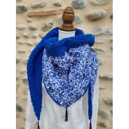 Chèche triangle xxl en liberty lavande et moumoute assortie