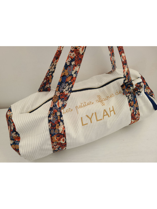 Sac bowling (sac week-end) en liberty Thorpe/ velours écru, personnalisé