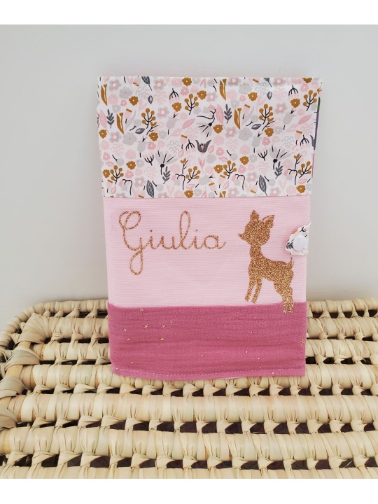 Protège carnet de santé coton floral et double gaze personnalisable avec prénom et petit faon