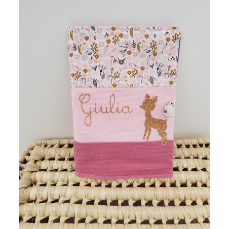Protège carnet de santé coton floral et double gaze personnalisable avec prénom et petit faon