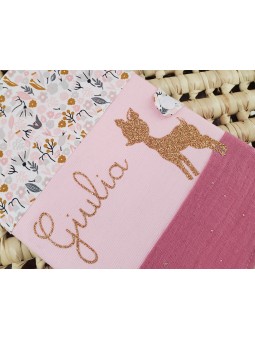 Protège carnet de santé coton floral et double gaze personnalisable avec prénom et petit faon