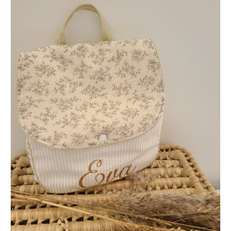 Sac à dos maternelle / crèche velours et double gaze fleurie mixte personnalisé