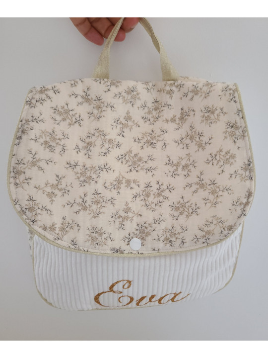 Sac à dos maternelle / crèche velours et double gaze fleurie mixte personnalisé