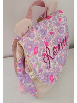 Sac à dos personnalisé petites oreilles en liberty Betsy neon (pour crèche, nounou, maternelle)