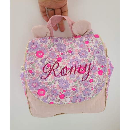 Sac à dos personnalisé petites oreilles en liberty Betsy neon (pour crèche, nounou, maternelle)