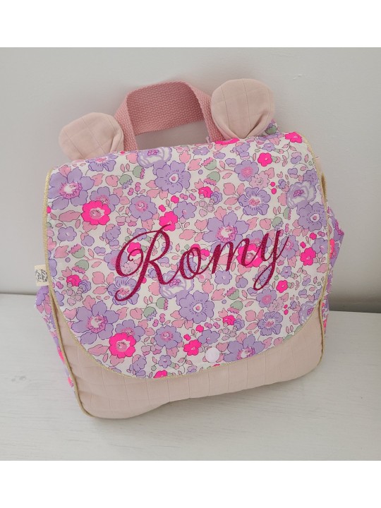 Sac à dos personnalisé petites oreilles en liberty Betsy neon (pour crèche, nounou, maternelle)