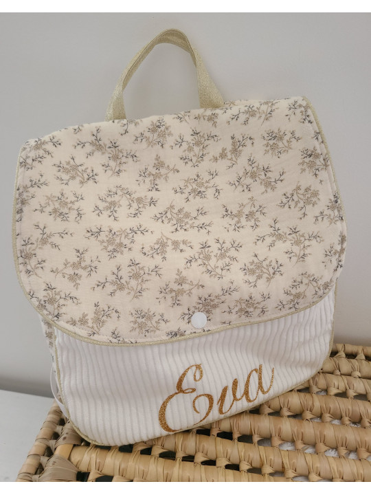 Sac à dos maternelle / crèche velours et double gaze fleurie mixte personnalisé