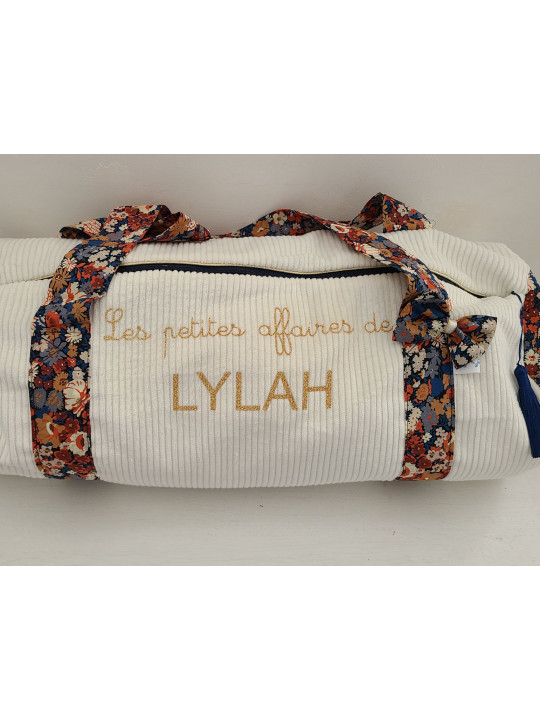 Sac bowling (sac week-end) en liberty Thorpe/ velours écru, personnalisé