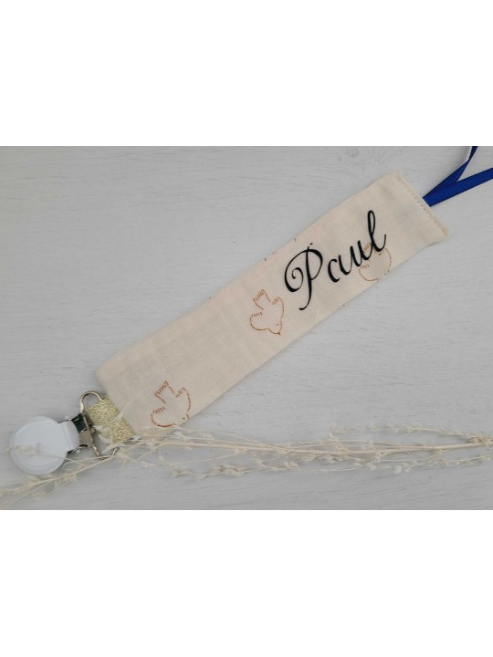 Attache tétine en double gaze de coton bio personnalisée prénom