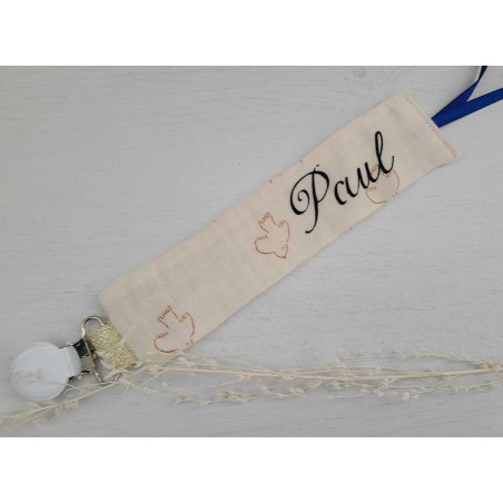 Attache tétine en double gaze de coton bio personnalisée prénom