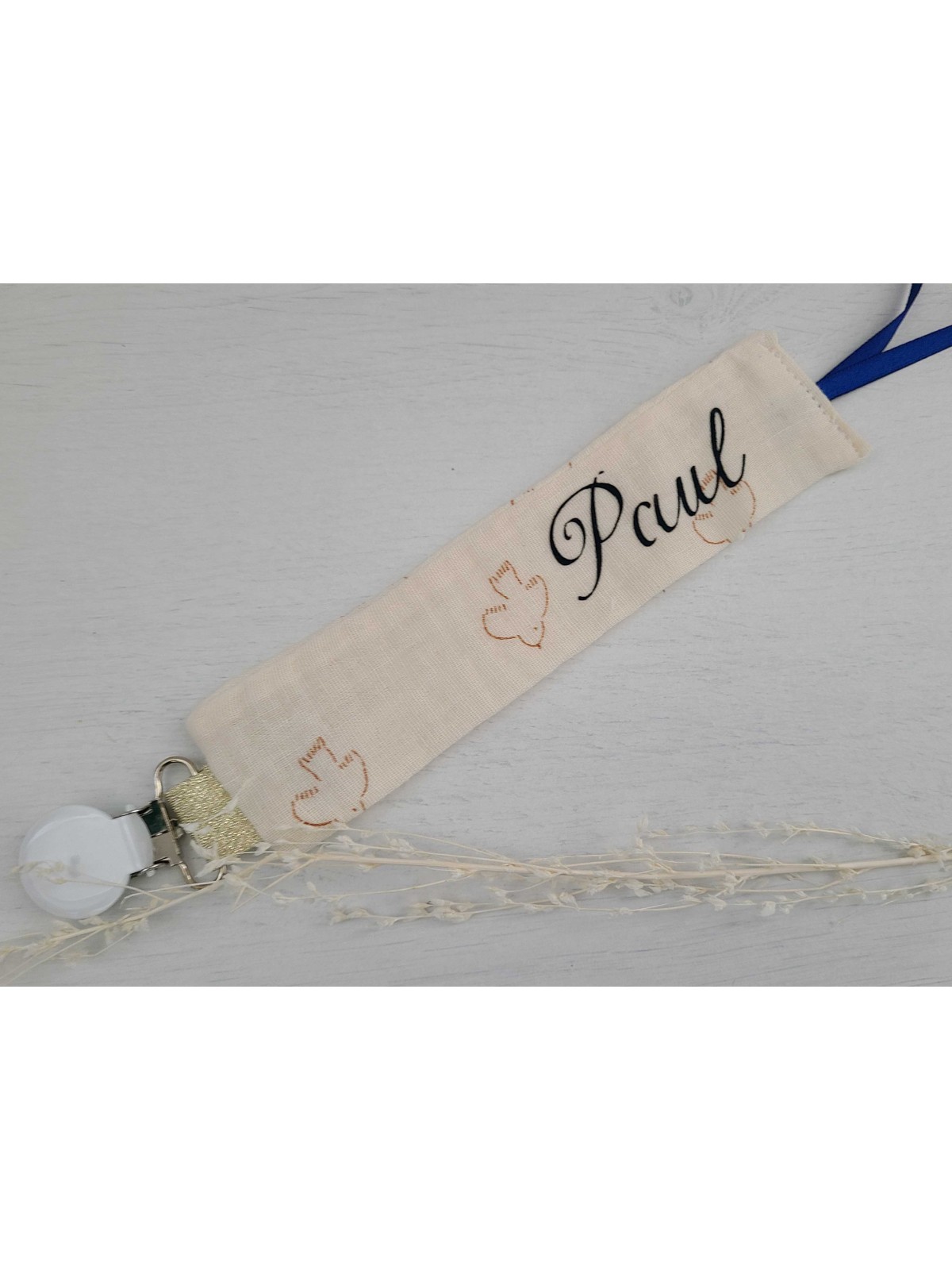 Attache tétine en double gaze de coton bio personnalisée prénom