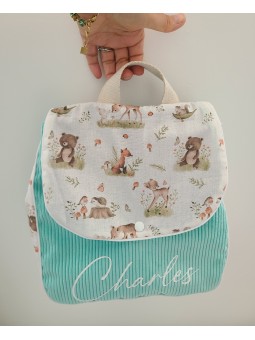 Cartable sac à dos personnalisable velours vert, thème forêt