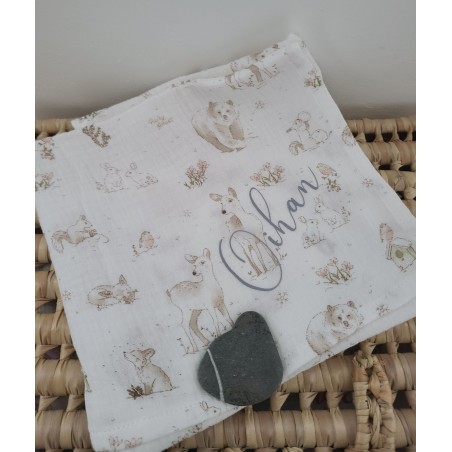Lange personnalisé 60x60 cm en double gaze de coton bio petits animaux