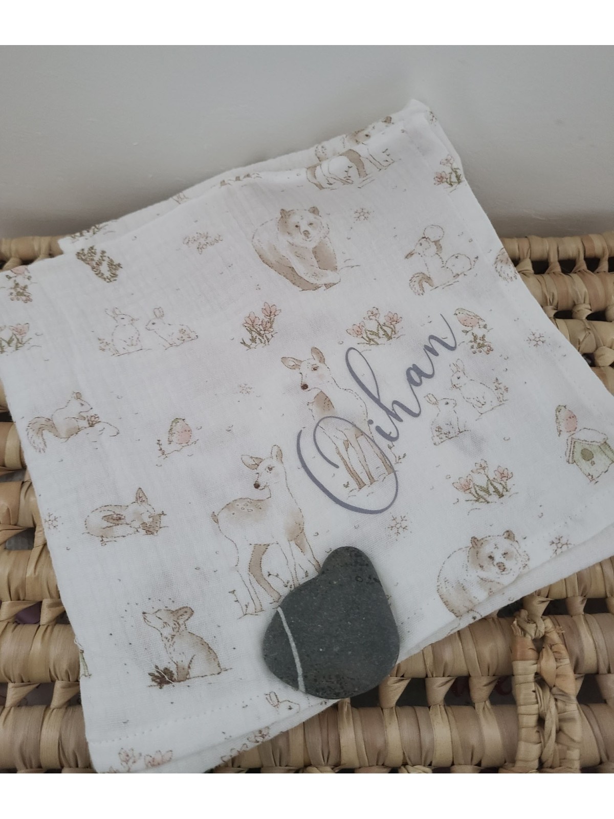 Lange personnalisé 60x60 cm en double gaze de coton bio petits animaux