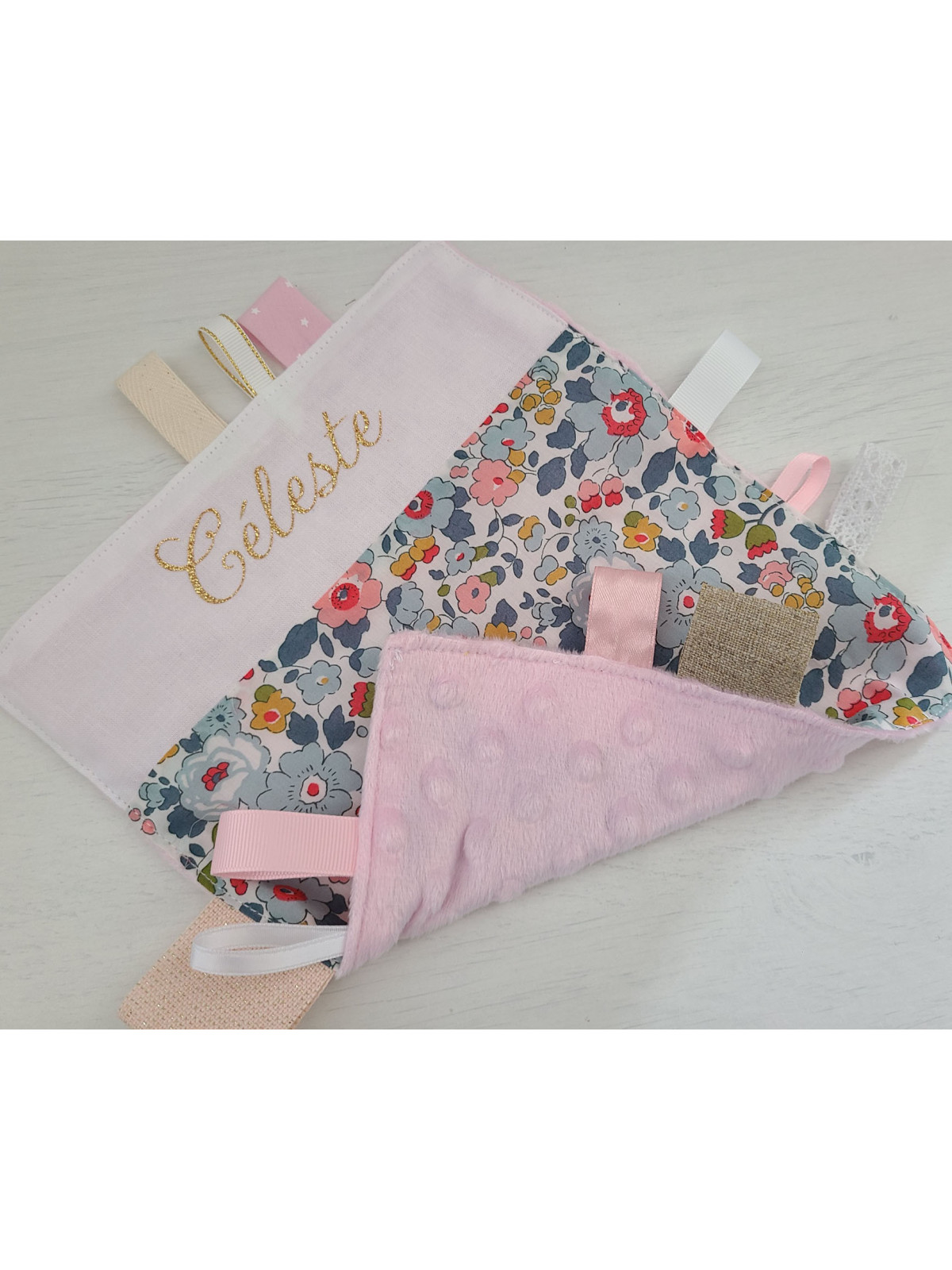 Doudou étiquettes liberty Betsy porcelaine personnalisé tout doux