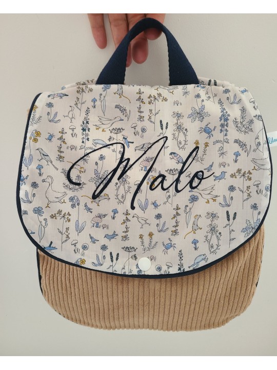 Sac à dos pour entrée en maternelle / crèche personnalisé, liberty Theo et velours