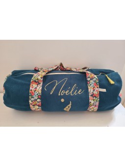 Sac bowling (sac week-end) en liberty Thorpe/ velours bleu canard, personnalisé