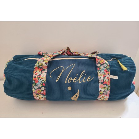 Sac bowling (sac week-end) en liberty Thorpe/ velours bleu canard, personnalisé
