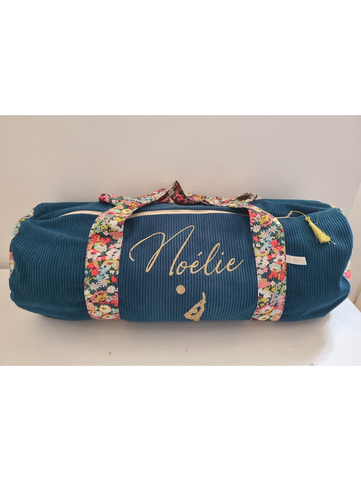 Sac bowling (sac week-end) en liberty Thorpe/ velours bleu canard, personnalisé