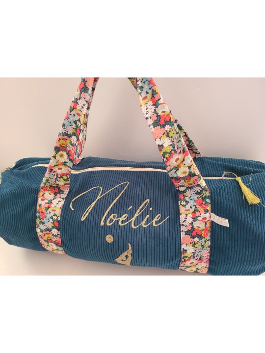 Sac bowling (sac week-end) en liberty Thorpe/ velours bleu canard, personnalisé