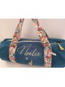 Sac bowling (sac week-end) en liberty Thorpe/ velours bleu canard, personnalisé