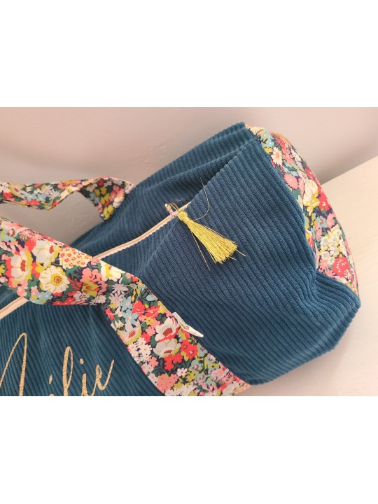 Sac bowling (sac week-end) en liberty Thorpe/ velours bleu canard, personnalisé