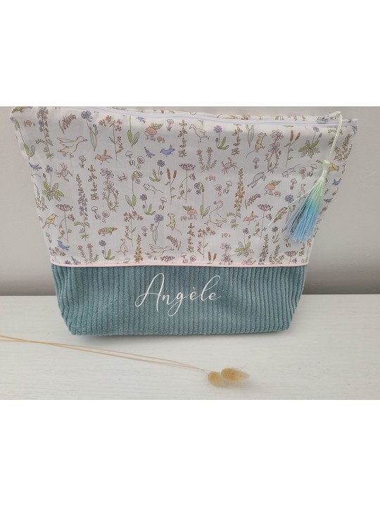 Trousse de toilette liberty Theo pastel et velours, personnalisable avec prénom