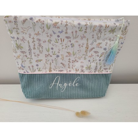 Trousse de toilette liberty Theo pastel et velours, personnalisable avec prénom