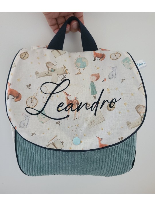 Cartable sac à dos personnalisable velours céladon thème petit Prince