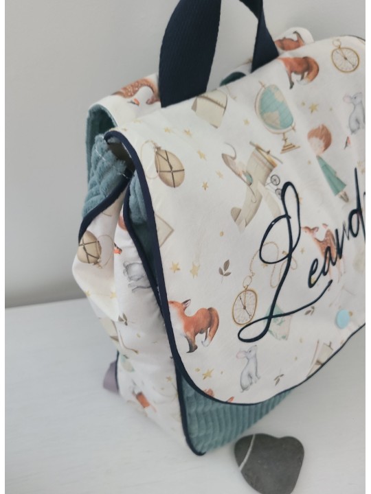 Cartable sac à dos personnalisable velours céladon thème petit Prince