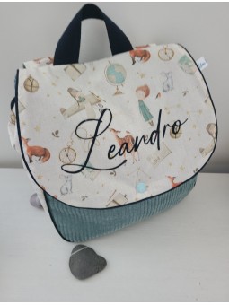 Cartable sac à dos personnalisable velours céladon thème petit Prince
